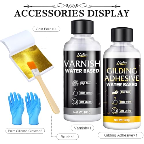 Gold Leaf Gilding Adhesive Kit - 3.5oz Water Based Glue and 3.5oz Varnish with Brush, Gold Foil Sheets 100 pcs, Gilding Adhesive Set for Foil Arts, Crafts, Painting, Furniture and Decoration