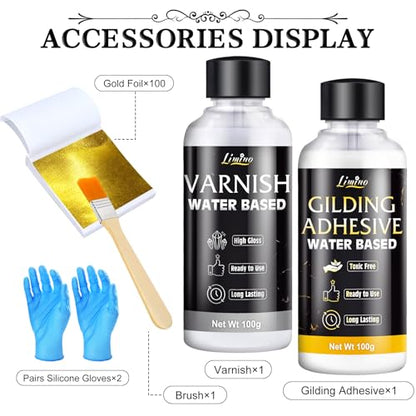 Gold Leaf Gilding Adhesive Kit - 3.5oz Water Based Glue and 3.5oz Varnish with Brush, Gold Foil Sheets 100 pcs, Gilding Adhesive Set for Foil Arts, Crafts, Painting, Furniture and Decoration