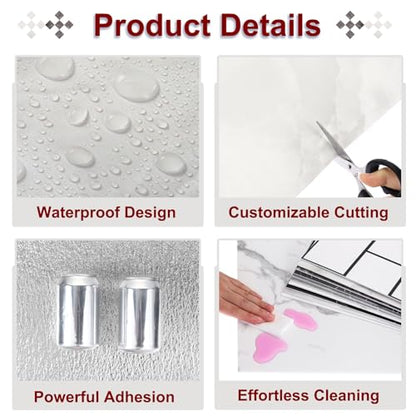 HARFINGTON 15pcs Peel and Stick Marble Tiles, Waterproof Wall Panel Backsplash, 12"x12" PVC Peel and Stick Shower Tiles for Bathroom, Kitchen, Living, Silver Gray Design - style: Silver Gray