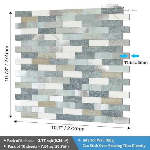 BeNice Peel Stick Backsplash Brick Stone Wall Tile Blue Gray 10pcs