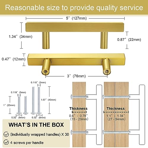 AEEKEL 30 Pack Brushed Brass Kitchen Cabinet Handles 5" Length Drawer Pulls - color: Gold, size: 3 In Hole Center