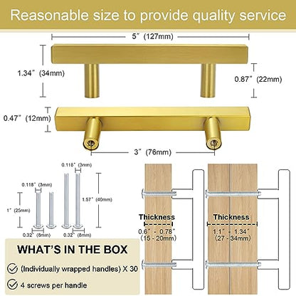 AEEKEL 30 Pack Brushed Brass Kitchen Cabinet Handles 5" Length Drawer Pulls - color: Gold, size: 3 In Hole Center