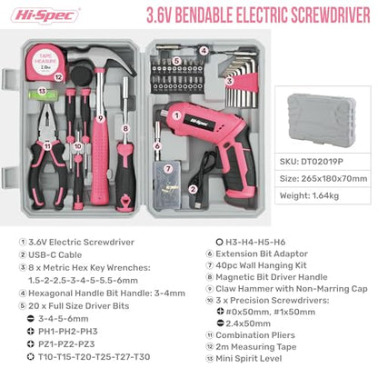 Hi-Spec 4V USB Electric Screwdriver Tool Kit for Home Repairs, Pink
