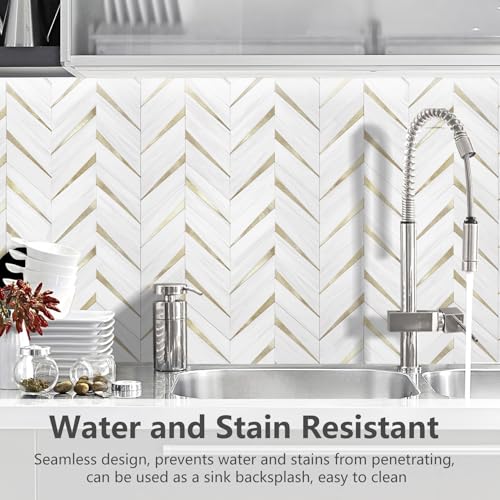 STICKGOO Herringbone Tile Peel and Stick Backsplash for Kitchen&Bathroom - color: Dolomite White Mixed Light Gold