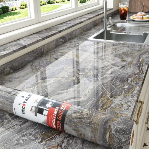 Decotalk Marble Contact Paper Glossy Gold Marble Countertop Contact Paper Waterproof 17.7x120Inch Gold Grey Marble Vinyl Peel and Stick Wallpaper Countertop Vinyl Wrap - size: 17.7" x 120"