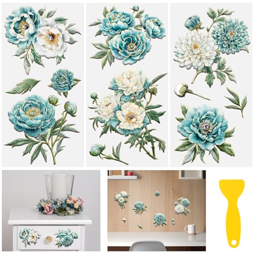Rub on Transfers for Crafts, 3 Sheets Vintage Gold Rimmed Flower Rub on Decals Waterproof Peony Rub on Transfer Stickers for DIY Wood Furniture Decoration - color: Blue Peony