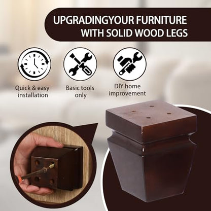 Wood Legs for Furniture 4 inch Heavy Duty Sofa Legs Square Brown Bed Legs Pack of 4, Mid Century Chair Feet, Sofa Replacement Parts, Dresser Leg Sideboard Recliner Couch Riser - color: Brown, size: 4"H*3.15"W (No Hanger Bolt)
