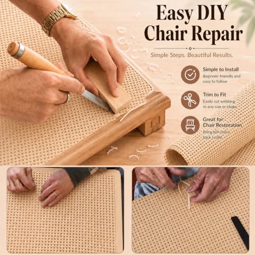 Reaeng Rattan Repair Kit for Chair Caning, Complete Furniture Restoration Kit with 15.7 x 39.4 Inch Cane Webbing Roll, Spline, 2 Caning Chisels and 8 Wooden Wedges - color: Style B