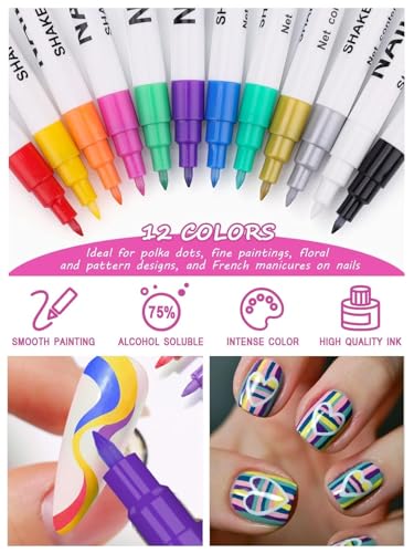 Kalolary 3D Nail Art Pens Set 12 Color Nail Art Marker Graffiti Dotting Pen - color: A