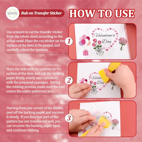 WANDIC 3 Sheets Rub On Transfer Stickers, Valentine's Day Text Waterproof Decals Furniture Craft Junk Journals for DIY Scrapbooking, 15 * 30cm - color: Pink, size: 3 Sheets