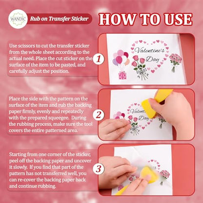 WANDIC 3 Sheets Rub On Transfer Stickers, Valentine's Day Text Waterproof Decals Furniture Craft Junk Journals for DIY Scrapbooking, 15 * 30cm - color: Pink, size: 3 Sheets