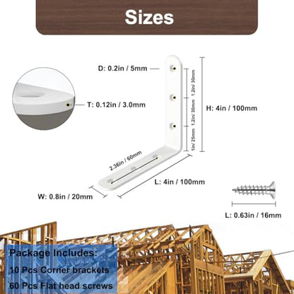 10 Pcs White L Bracket 4 Inch Heavy Duty Stainless Steel Corner Braces, 90 Degree Joint Right Angle Brackets for Wood, Floating Shelf, Cabinet, DIY Frame, with Screws - size: White 4in x 4in L-Shaped
