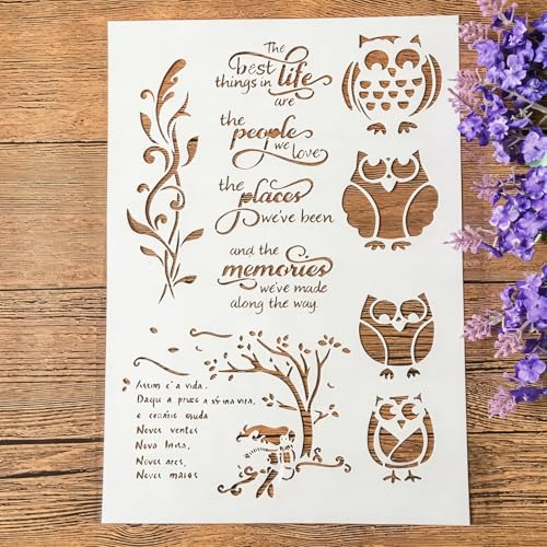 TIAMECH A4 Reusable Four Owls Stencil for Painting - style: Four Owls