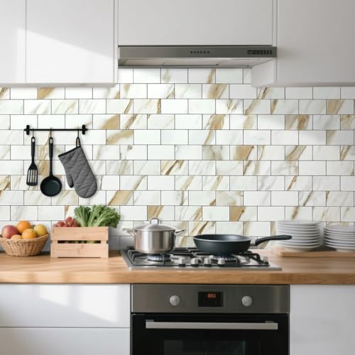 DICOFUN 1 Sheet Calacatta Gold Peel and Stick Backsplash Wall Tiles, 12"x12" Self Adhesive PVC Subway Tile for Kitchen Backsplash - color: Calacatta Gold, size: 1 Sheet, 12"x12"x0.12"