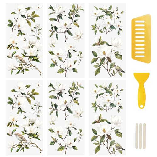 WANDIC 6 Sheets Magnolia Rub On Transfer Sticker, Flower Theme Decal for Home Party Present Packaging DIY Scrapbooking Photo Albums Furniture,15 * 30cm - color: Magnolia Rub on Transfer Sticker