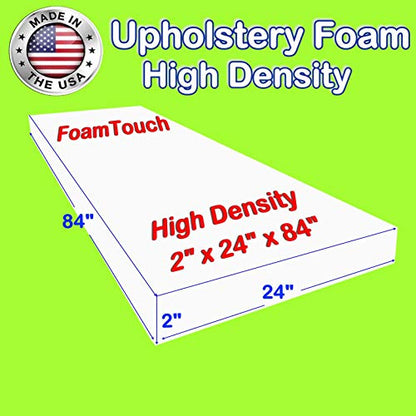 FoamTouch Upholstery Foam Cushion High Density 2 Height x 24 Width x 84 Length Made in USA, White - size: 2" x 24" x 84"