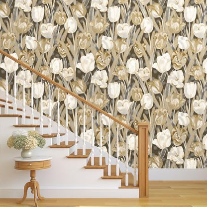 Tulip Retro Flower Wallpaper，17.71 "x 118.1" Golden Aesthetic Contact Paper Waterproof Vinyl Wallpaper for Kitchen Backsplash Bathroom Cabinet - color: flower-07, size: 17.7" x 118.1"