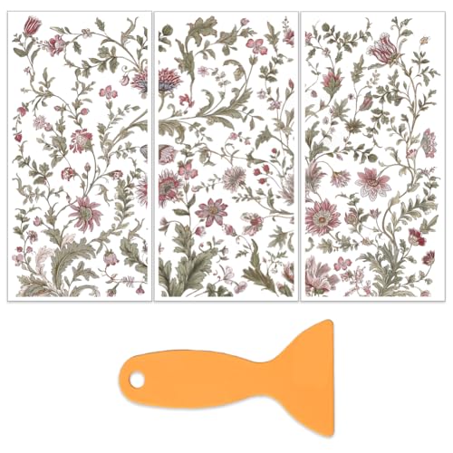 OLYCRAFT 3Pcs Flower Vines Rub on Transfers for Furniture 6x12 Inch Large Pattern Furniture Decals Decor Vintage Floral Leaf Transfer Stickers with 1Pc Scraper for Glass Cups Cabinets Decor - style: Flower vines