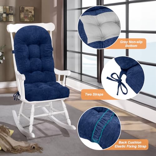 Rocking Chair Cushion - Chenille Fabric, High-Density Sponge, Durable Comfort Non-Slip Bottom Tufted Seat Pads with Ties, Chenille︱Dark Blue, 44x19x4 inch - color: Dark Blue
