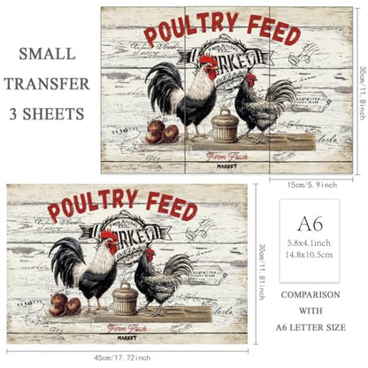 OLYCRAFT 3pcs/Set Farm Rub on Transfers for Furniture and Crafts 6x12 inch Rooster Chicken Furniture Decals Poultry Feed Transfer Stickers Rub on Decals for Wood Furniture Home Decor