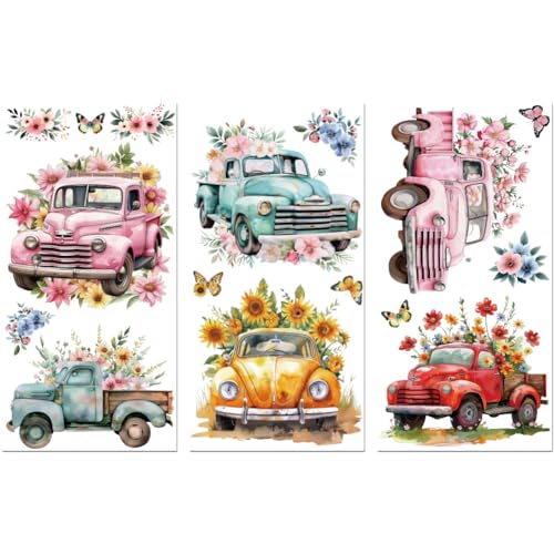 Peacoblue Flower and Truck Cars Rub On Transfers for Furniture Craft 6"x12" - style: Flower and Truck Cars
