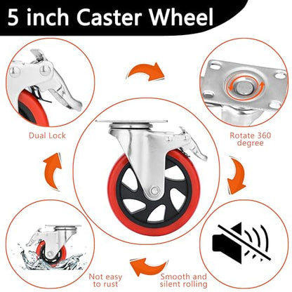 5 Inch Casters Set of 4 Heavy Duty, Lockable Bearing Plate Caster Wheels with Brakes, Swivel Casters No Noise 360-degree with Polyurethane Wheels for Cart, Furniture,Workbench,Cabinet