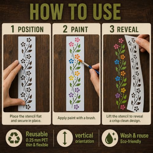 Flower Border Stencil Template - Reusable Decorative Flower Stencils for Painting on Glass, Wood, Wall Rock, Walls, Canvas, Glassware, Spray Painting, Wall Painting (3 x12)