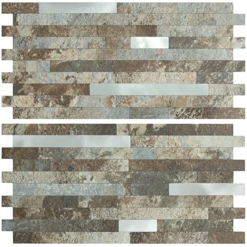 AULIGET 20 Sheets Beige & Brown Slate Peel and Stick Backsplash, PVC Mixed Metal Silver Wall Tile Stick on Backsplash for Kitchen and Bathroom - color: Beige & Brown Slate + Metal Silver, size: 20 Sheets, 6"x12"x0.12"