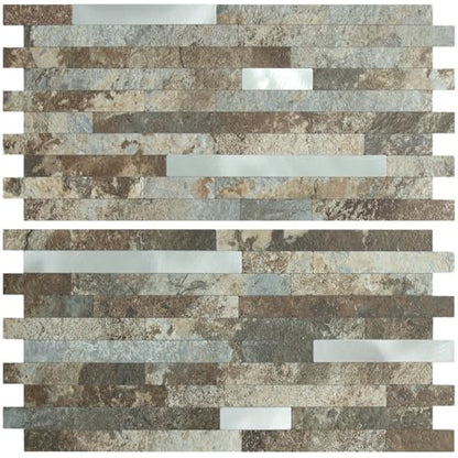 AULIGET 20 Sheets Beige & Brown Slate Peel and Stick Backsplash, PVC Mixed Metal Silver Wall Tile Stick on Backsplash for Kitchen and Bathroom - color: Beige & Brown Slate + Metal Silver, size: 20 Sheets, 6"x12"x0.12"