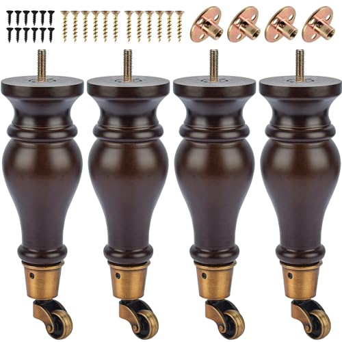9 inch / 22cm Wooden Furniture Legs with Casters Wheels, Pack of 4 Classic Walnut Solid Wood Round DIY Replacement Bun Feet for DIY Project Sofa Couch Cabinet Ottoman Bed Riser - color: Type D-walnut, size: 9"/22cm