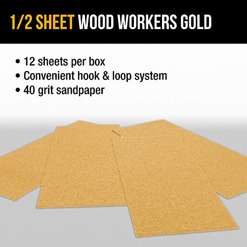Dura-Gold Premium 1/2 Sheet Gold Sandpaper Sheets, 40 Grit (Box of 12) - size: 40-Grit