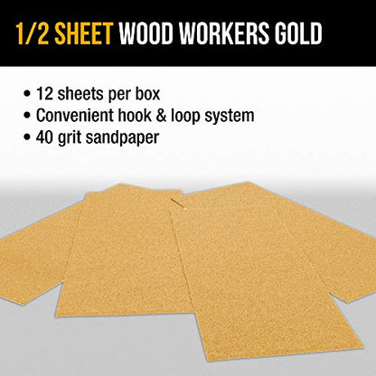 Dura-Gold Premium 1/2 Sheet Gold Sandpaper Sheets, 40 Grit (Box of 12) - size: 40-Grit