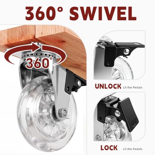 3 Inch Polyurethane Transparent Swivel Casters with Lock Brake, Set of 4, Heavy-Duty 700 Lbs Load Capacity, 360° Quiet Rotation, Suitable for Furniture, Workbenches & DIY Projects - size: 3 inches