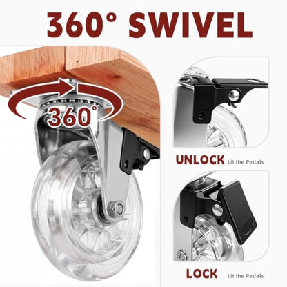 3 Inch Polyurethane Transparent Swivel Casters with Lock Brake, Set of 4, Heavy-Duty 700 Lbs Load Capacity, 360° Quiet Rotation, Suitable for Furniture, Workbenches & DIY Projects - size: 3 inches