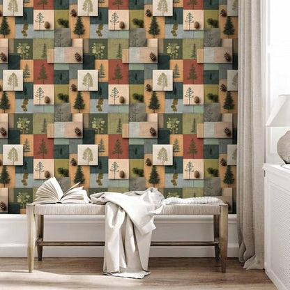 Modern Rustic Pine Tree Wallpaper, Wood Peel and Stick Wallpaper - size: 17.7" x 236"