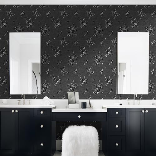 17.3"x590.5" Black Peel and Stick Wallpaper Modern Floral Contact Paper - color: Black, size: 17.3" x 590.5"