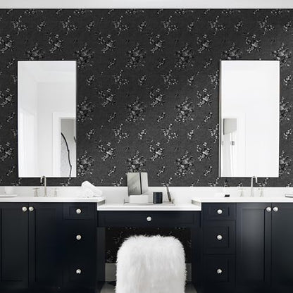 17.3"x590.5" Black Peel and Stick Wallpaper Modern Floral Contact Paper - color: Black, size: 17.3" x 590.5"