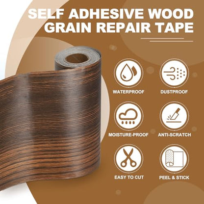 Self Adhesive Wood Grain Repair Tape 33'x 6", Multi-Use Realistic Wood Grain Repair Patch for Furniture Floor Door Table Chair Windows Handicraft DIY, Ebony