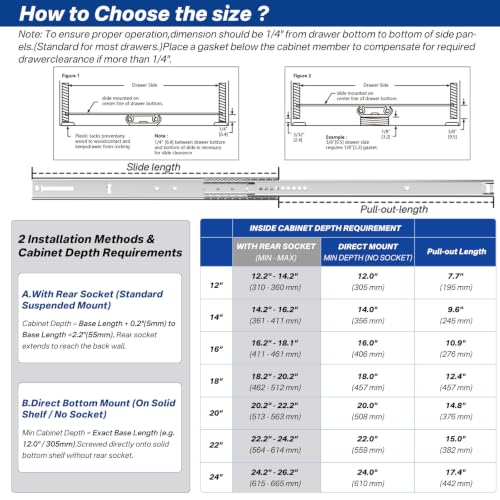 18 Inch Center Mount Drawer Slides 4 Pcs, Heavy Duty Hidden Rails - size: 18 Inch