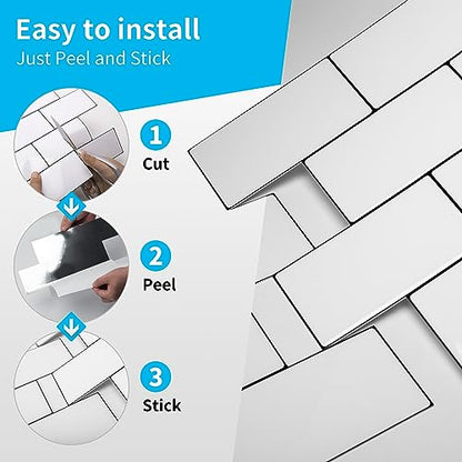 Art3d Faux Ceramic Subway Tile Peel and Stick Backsplash, 10-Pack, White - color: White with Black Grout