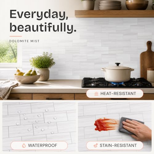 StyloVue 100 Pieces Peel and Stick Backsplash for Kitchen, 3" x 6" PVC Subway Tile 2026 Upgraded Dolomite Mist Backsplash Stick on Tile Elevate Kitchen Fireplace RV - color: Dolomite Mist