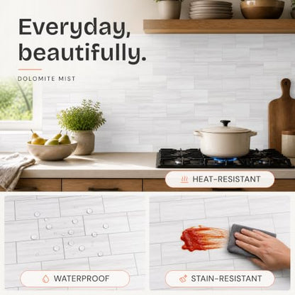 StyloVue 100 Pieces Peel and Stick Backsplash for Kitchen, 3" x 6" PVC Subway Tile 2026 Upgraded Dolomite Mist Backsplash Stick on Tile Elevate Kitchen Fireplace RV - color: Dolomite Mist