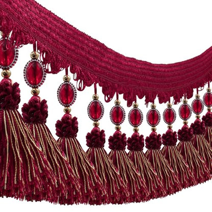3yards Pom Pom Curtain Fringe Trim Beads Ball Tassel Trimming Sewing Ribbon Upholstery Fabric (red) - color: red