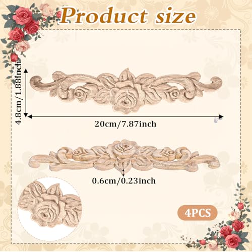 4 Pcs Wood Appliques, Wooden Applique (7.9 x 1.9 Inch)