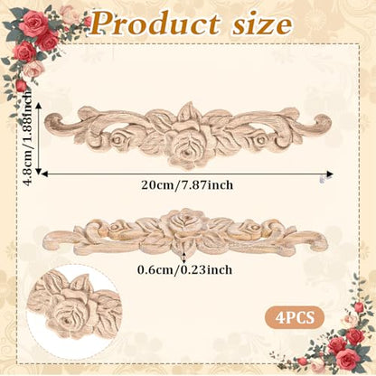 4 Pcs Wood Appliques, Wooden Applique (7.9 x 1.9 Inch)