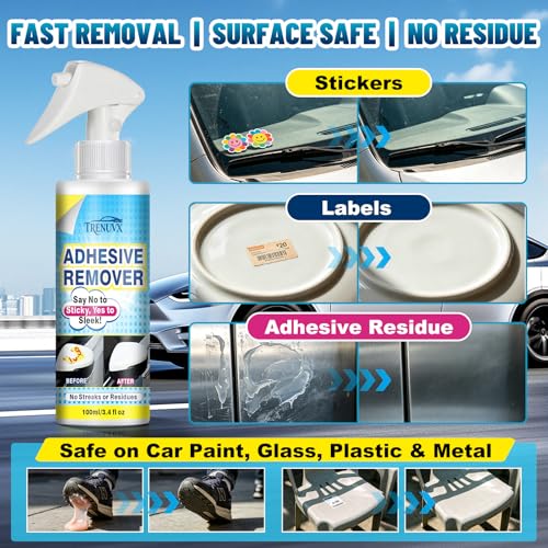 Adhesive Remover for Cars, Car Glue & Sticker Remover Spray, Removes Decal, Label & Tape Residue, Safe for Car Paint, Glass, Metal & Plastic, Includes Scraper, Spatula & Towel, 3.4oz/100ml