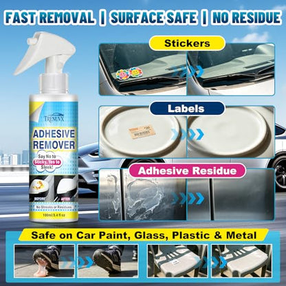 Adhesive Remover for Cars, Car Glue & Sticker Remover Spray, Removes Decal, Label & Tape Residue, Safe for Car Paint, Glass, Metal & Plastic, Includes Scraper, Spatula & Towel, 3.4oz/100ml