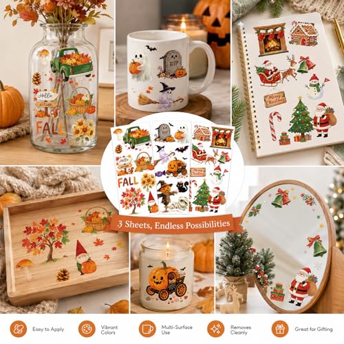 WANDIC 3 Sheets Rub On Transfer Stickers, Autumn Halloween Christmas Combo Set Waterproof Decal for Furniture Wood Scrapbook Crafts Journal Card Making - color: Autumn & Halloween & X Mas