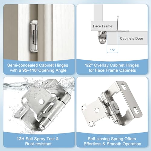 KNOBWELL 1/2" Overlay Brushed Nickel Cabinet Hinges Self Closing, 1 Pair - color: Satin Nickel