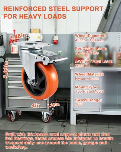 Htudcue 8 Pack 4 Inch Heavy Duty Casters, 2200 lbs Load Per Set of 4, Orange Swivel Plate Casters with Lock Brakes for Garage Workshops & Storage Shelves